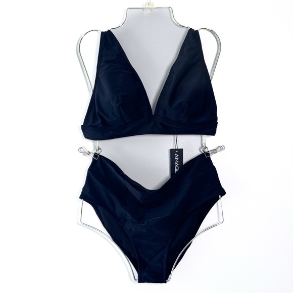 Aimage Solid Black Two Piece Cross High Waist Bikini Swimsuit Set Size Large NWT - Picture 1 of 7